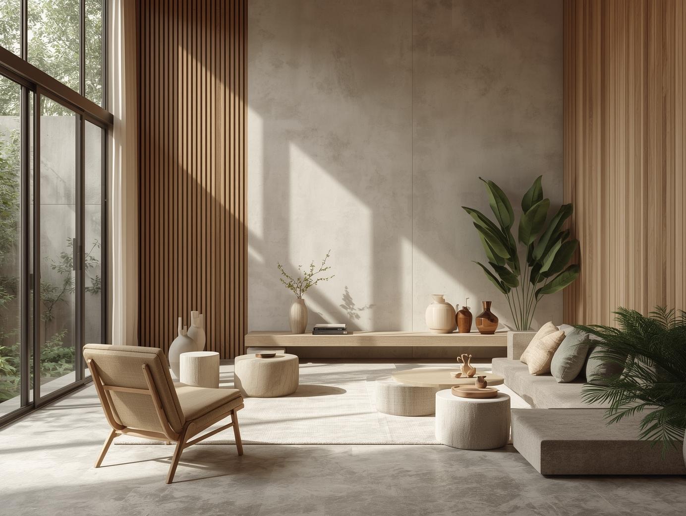 Serene minimalist living space with natural elements