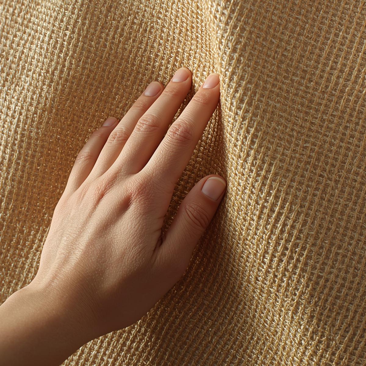 Hand touching natural textured fabric
