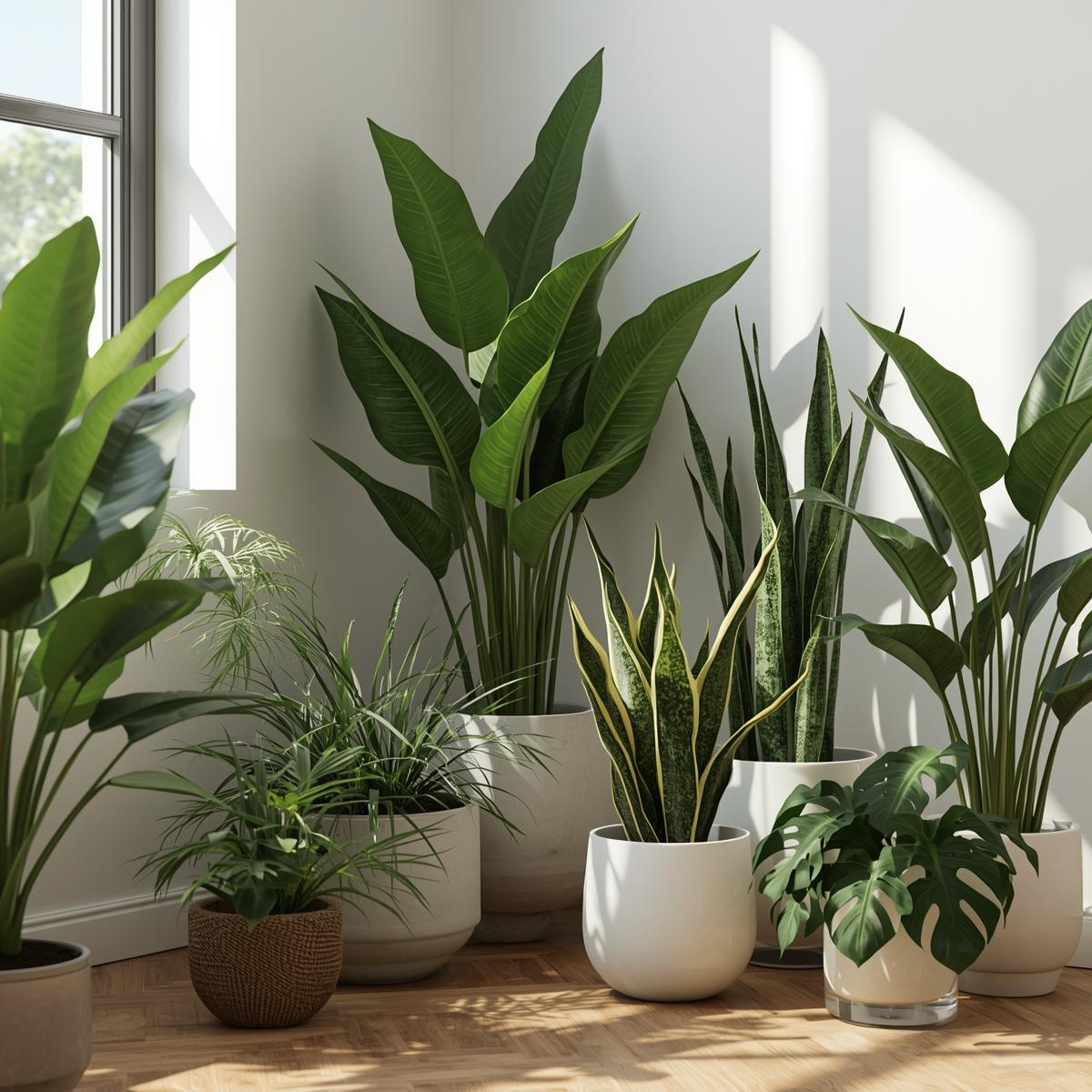 Corner with carefully arranged plants in minimal planters